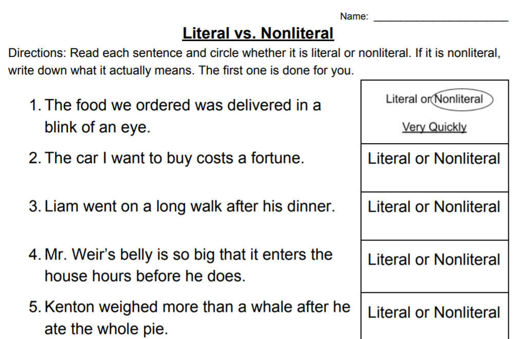 Literal Vs Nonliteral Figurative Language 3rd Grade Worksheet 